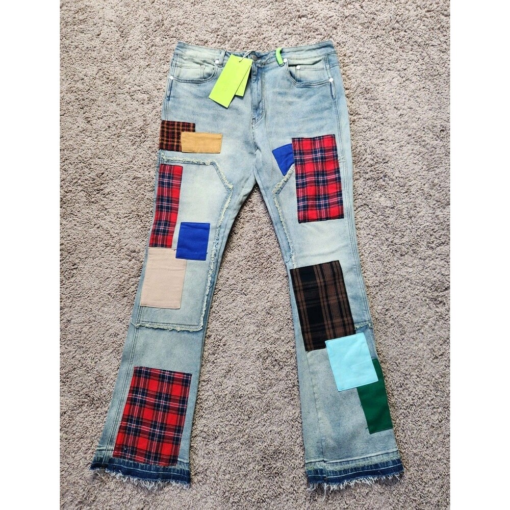 Reves Paris Carpenter Patchwork Mens 36x33 Denim Jeans Light Wash Plaid Distress